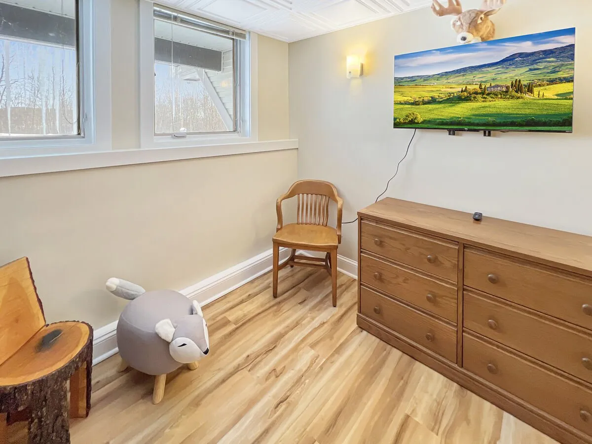 A warm, inviting corner of a room with a wooden dresser, a TV displaying a scenic landscape, a wooden chair, and a plush animal-shaped stool. The setup suggests a cozy environment ideal for quiet evenings, perhaps unwinding with a show or spending quality time together.