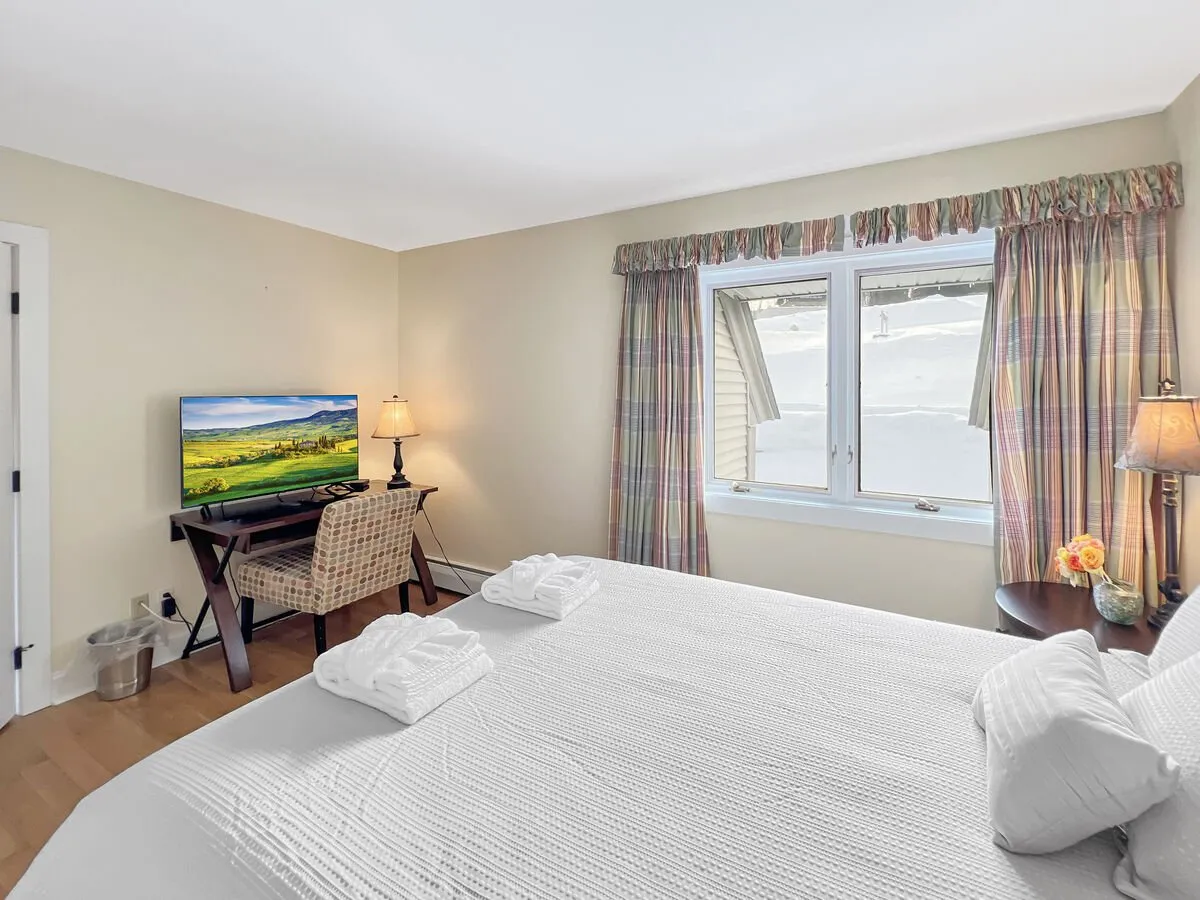 A bright bedroom with a bed, window allowing natural light, a desk and chair for productivity, a television, and a table lamp. The space is both comfortable for sleeping and suitable for work or study.